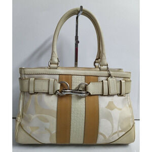 Coach Hampton Signature Cream White Canvas Stripe Zipper Satchel Shoulder Bag